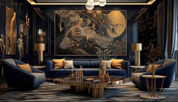 the living room is modern with dark wood furniture and an impressive paintings