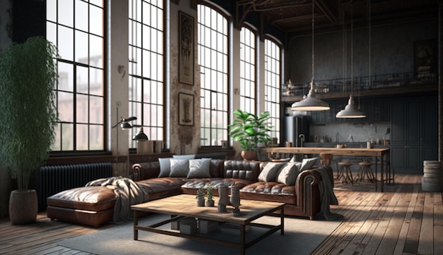 Living room loft in industrial style Generative AI