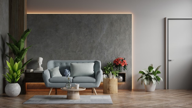 Living room loft in industrial style with blue sofa on empty concrete wall, 3d rendering