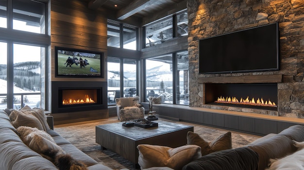 Photo the living room of a luxury home features a fireplace with a stone fireplace and a stone fireplace