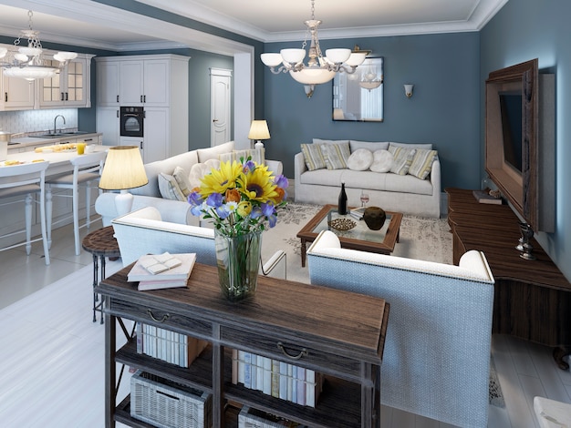 Living room mediterranean style with blue walls and white parquet flooring and elegant white furniture.