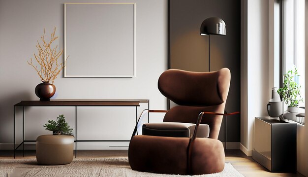 Living room minimalist interior with brown chair figura mock up minimalist 3