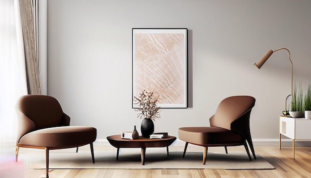 Living room minimalist interior with brown chair figura mock up minimalist 7