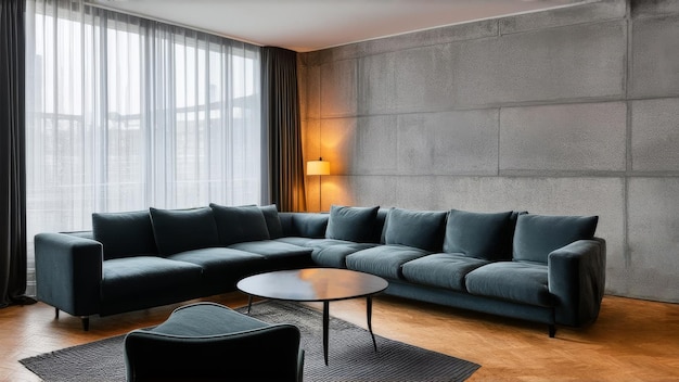 Living room minimalistic interior with grey sofa table and carpet concrete wall in brutalism style