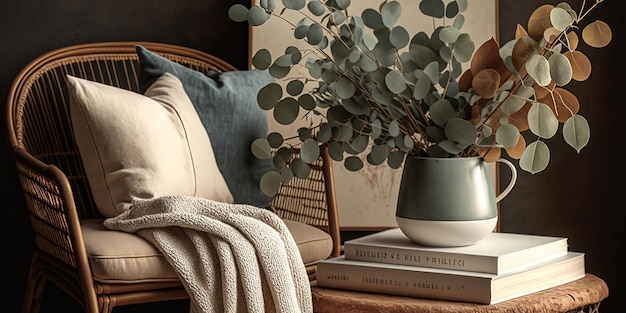 Living room mockup or setup with beige soft chair with cushion and white plaid