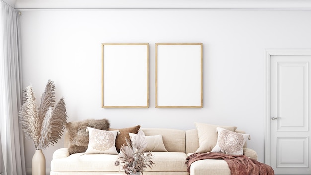 A living room mockup with two frames on the wall