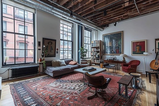 Living room of a modern apartment with two identical sofas opposite each other