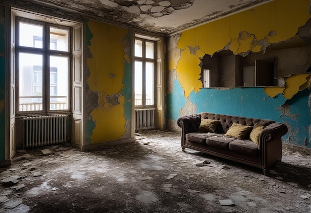 Living room old interior of an abandoned communal apartment dirty rotten peeling walls Background of