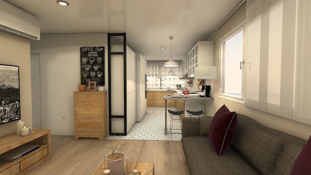 Living room open to the classic style kitchen with wooden furniture