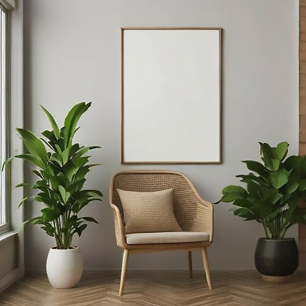 Living Room's Empty Picture Frame Chair and Plant Pots