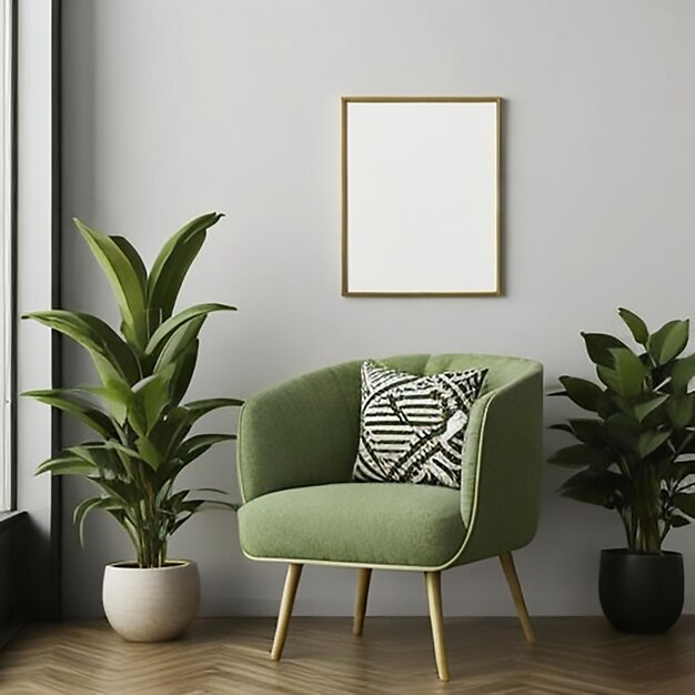 Living Room's Empty Picture Frame Chair and Plant Pots