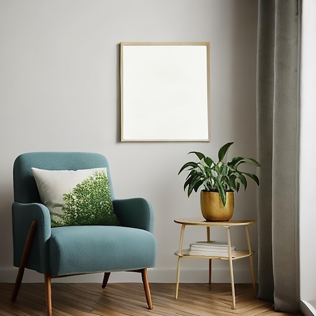 Living Room's Empty Picture Frame Chair and Plant Pots