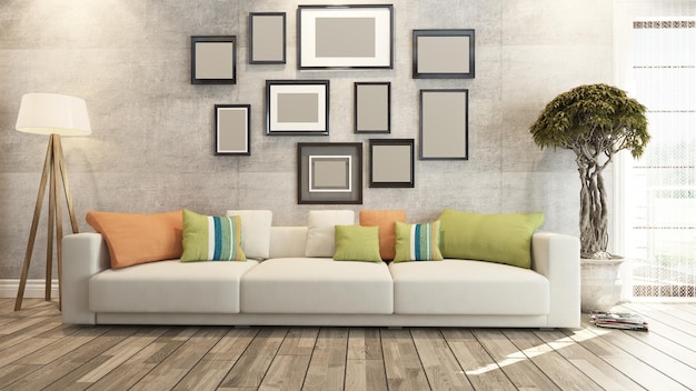 Living room or saloon interior design photo frames 3d rendering