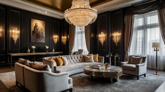 the living room of the suite is decorated in gold and black