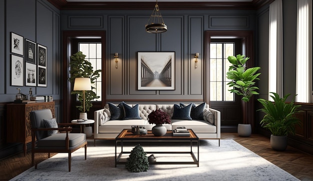 Living room transitional home style interior design AI Generated image