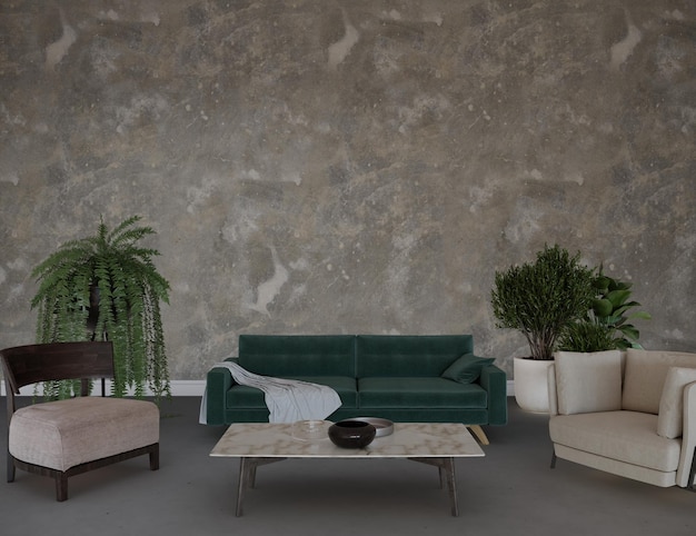 Living room wall mockup behind modern green couch