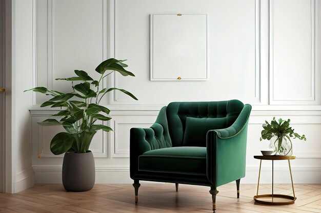 Living room wall mockup with green velvet armchair on blank white interior background Generative Ai