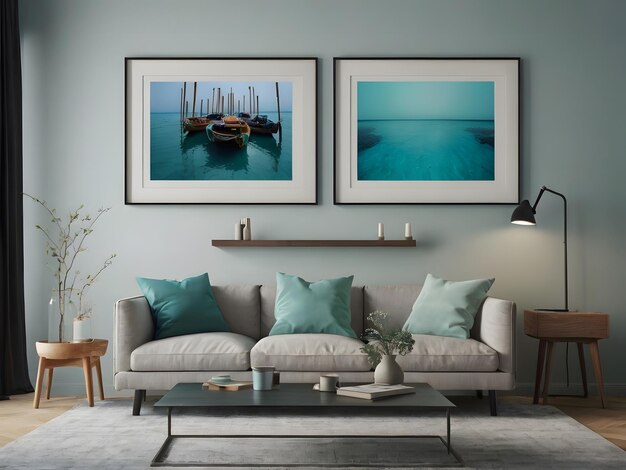 Living room wall poster mockup Interior mockup with house background Modern interior design