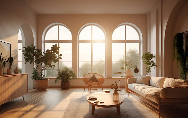 A living room with arched windows and a couch and a coffee table.