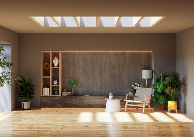 Living room with armchair and plant on concrete wall