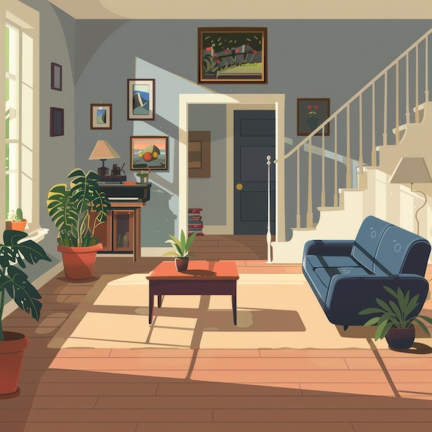 Photo living room with armchair and plant vector illustration in cartoon style