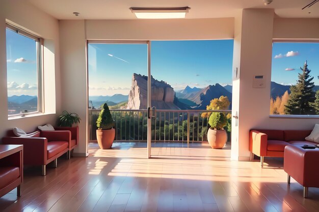 A living room with a balcony and a mountain view.