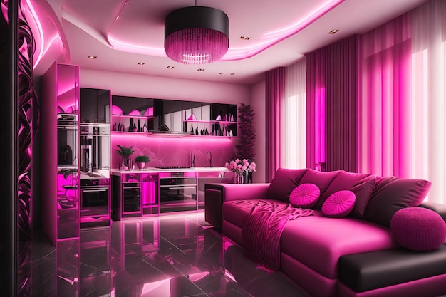 A living room with a bar and a couch that says hot pink.