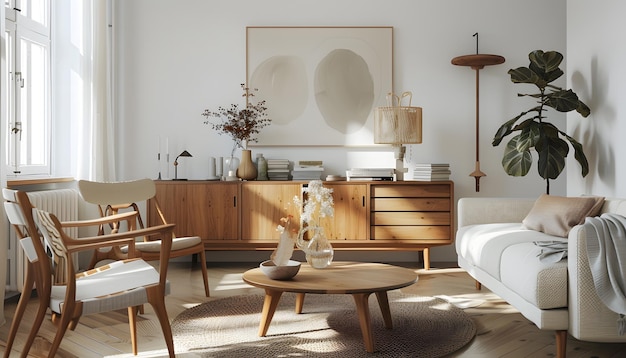 Photo a living room with a bed a table and a chair with a flower vase on it