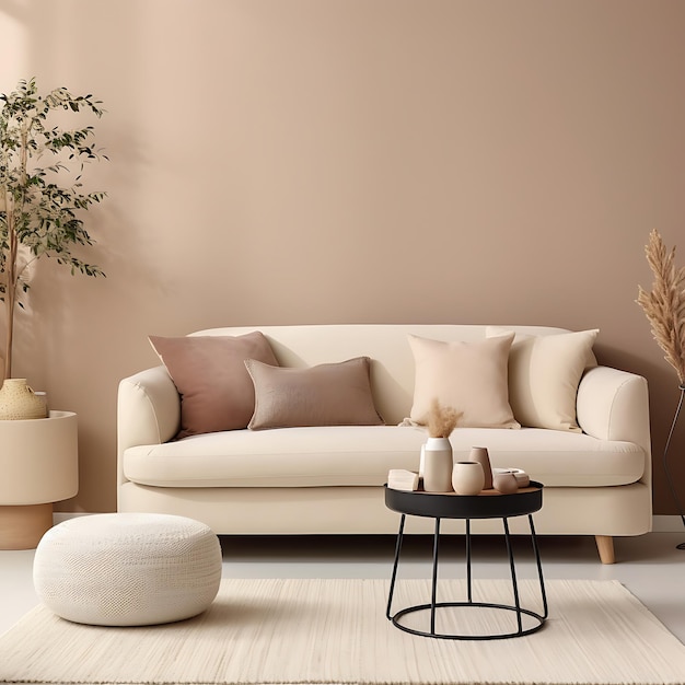 Living room with beige sofa coffee table and plant 3d render