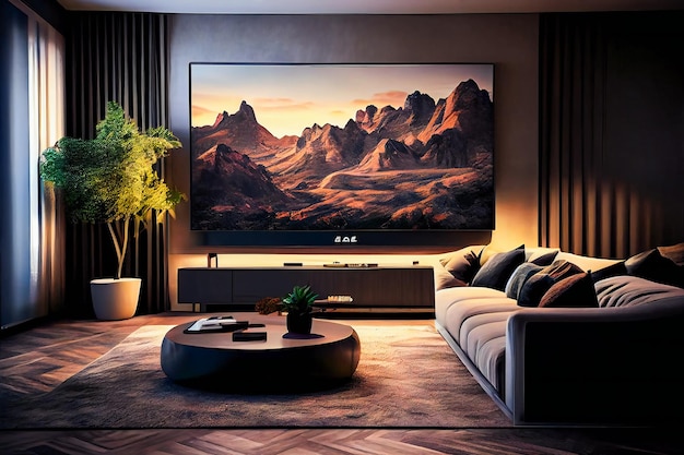 Living room with Big TV on the wall in the room in a modern style Elegant lixury living room with big tv screen Generative AIxA