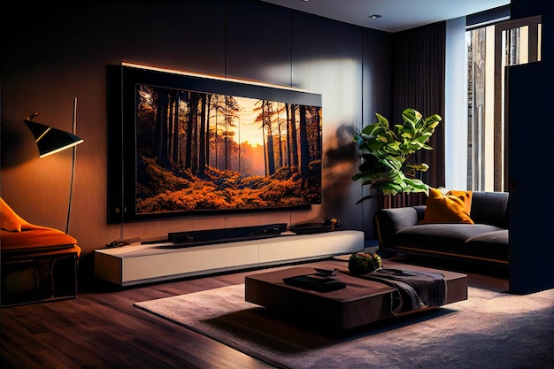 Living room with Big TV on the wall in the room in a modern style Elegant lixury living room with big tv screen Generative AIxA