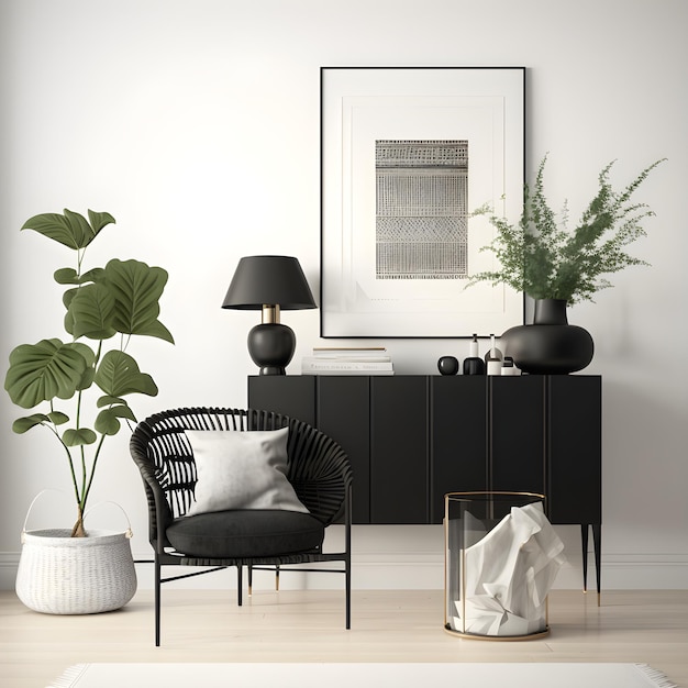 A living room with a black cabinet and a plant on the side.