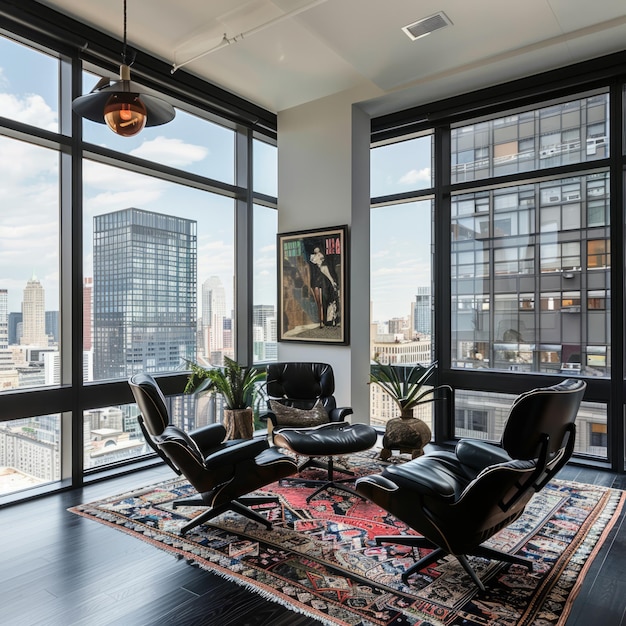 Photo a living room with a black leather chair and a red rug