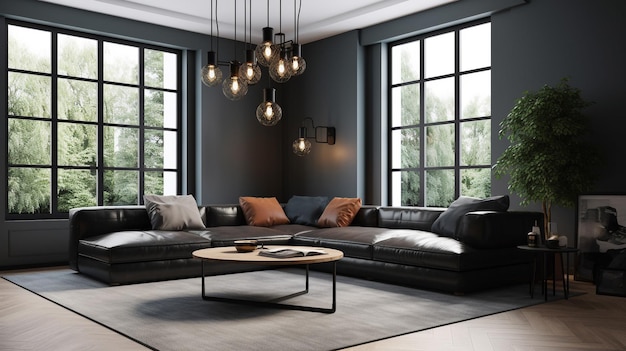 A living room with a black sofa and atable with a large window