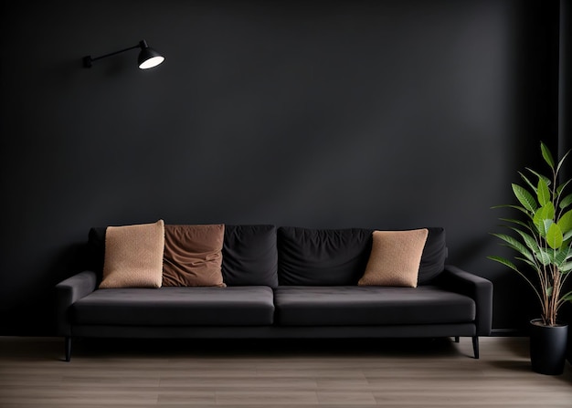 Living room with black sofa black wall and flower minimalism Generative AI