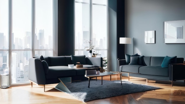 A living room with a black sofa and a coffee table.