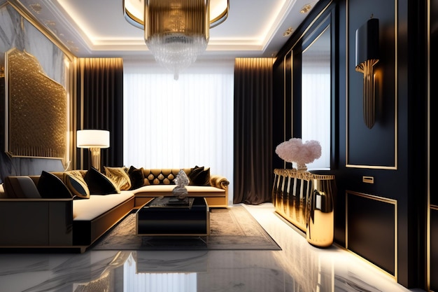 A living room with a black sofa and a gold chandelier.