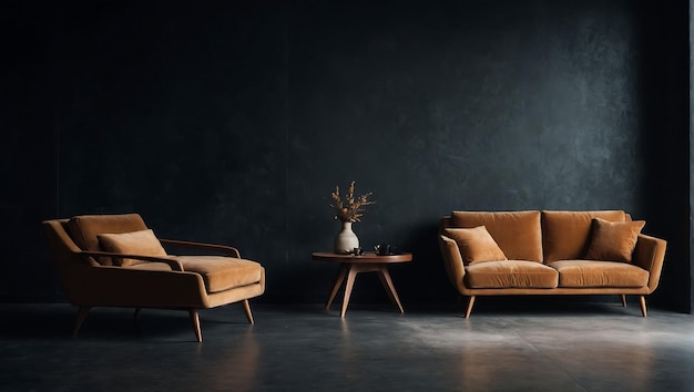 a living room with a black wall behind a couch and a small table with a plant in it