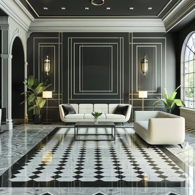 a living room with a black and white floor and a white couch