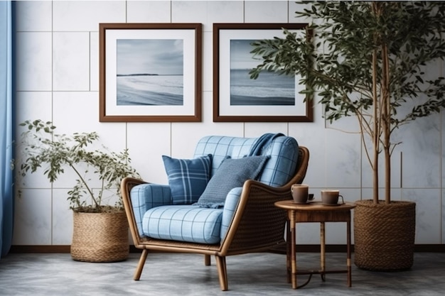 A living room with a blue chair and a plant on the wall.