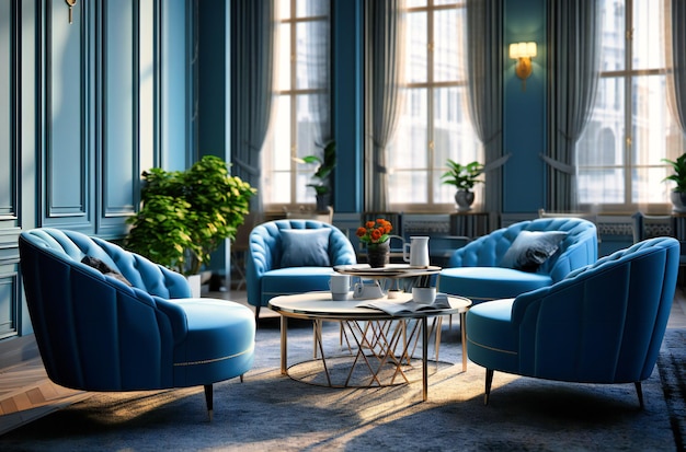 A living room with blue chairs and a table