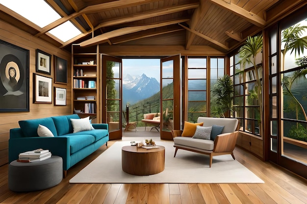 A living room with a blue couch and a bookcase with mountains in the background.