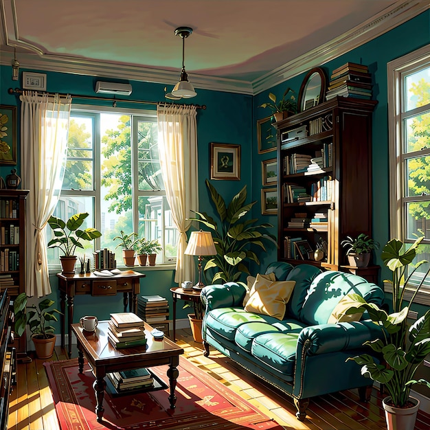 A living room with a blue couch and a coffee table with a book shelf on it.