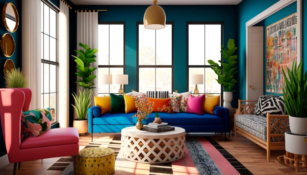 A living room with a blue couch and a coffee table with a colorful pillow on it.