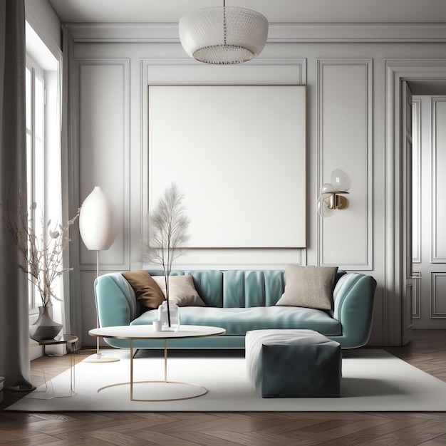 A living room with a blue couch and a coffee table with a white frame on the wall.