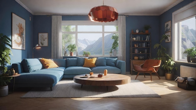 a living room with a blue couch and a coffee table