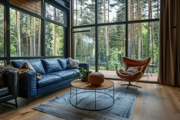 a living room with a blue couch and a coffee table