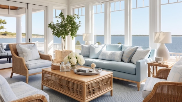 a living room with a blue couch and a coffee table