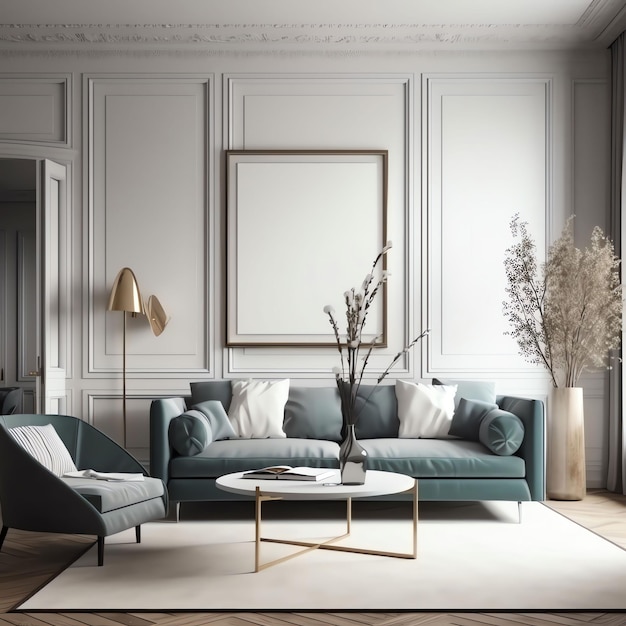 A living room with a blue couch and a coffee table.