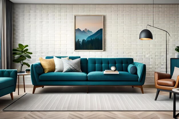 A living room with a blue couch and a painting of mountains in the background.